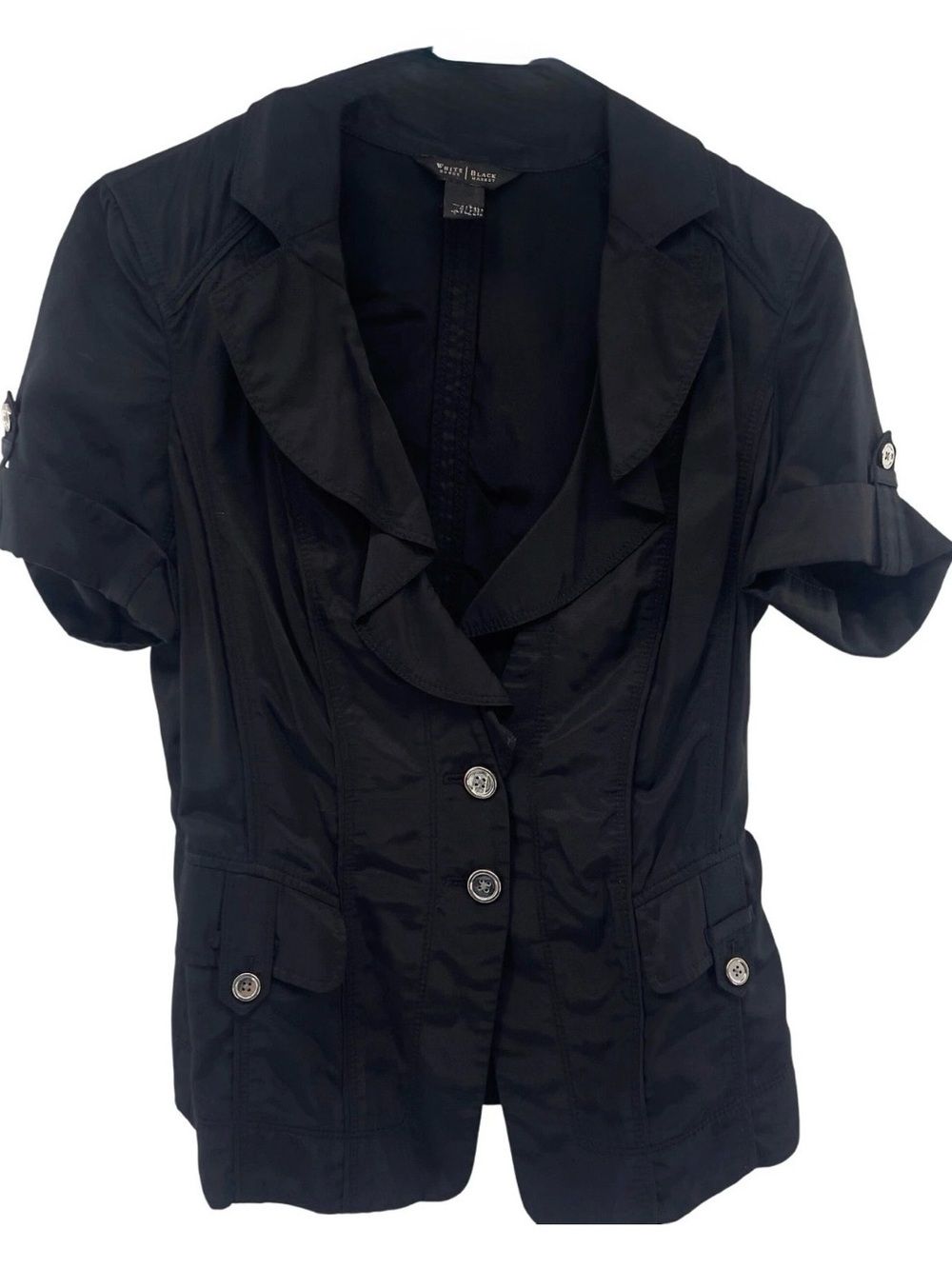 White House Black Market Black Ruffle Front Short Sleeve Jacket Size 12